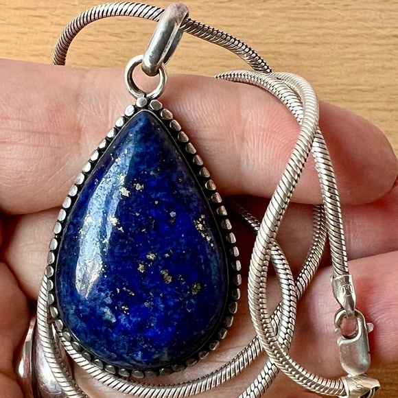 VINTAGE LARGE LAPIS LAZULI PENDANT THICK SNAKE CHAIN NECKLACE 925 STERLING SLVER